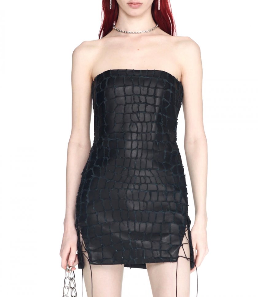 SNAKE ETCHED LEATHER MINI DRESS