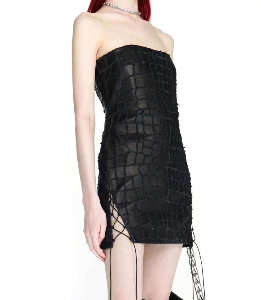 SNAKE ETCHED LEATHER MINI DRESS