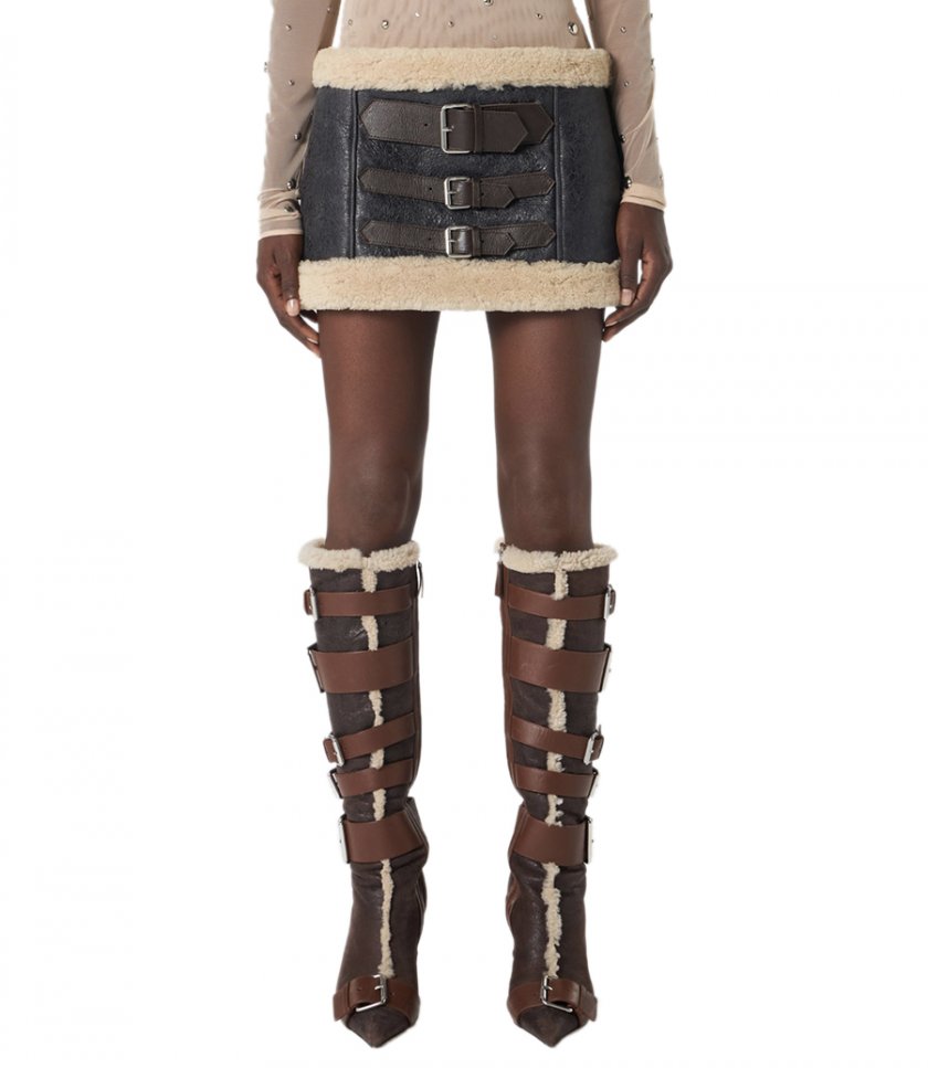 SHEARLING MINI SKIRT WITH DECOR BELTS