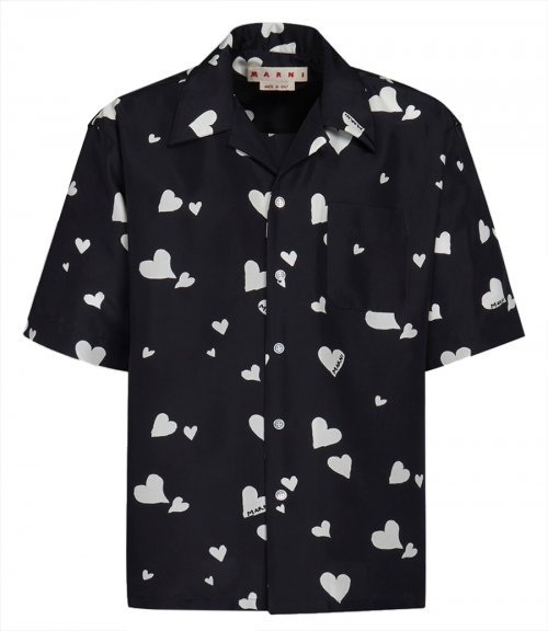 BLACK SILK SHIRT WITH BUNCH OF HEARTS PRINT