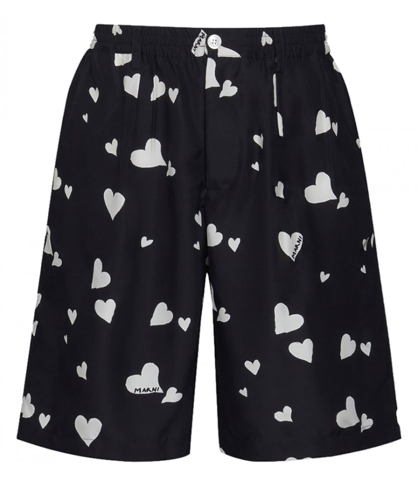 SHORTS - BLACK SILK SHORTS WITH BUNCH OF HEARTS PRINT