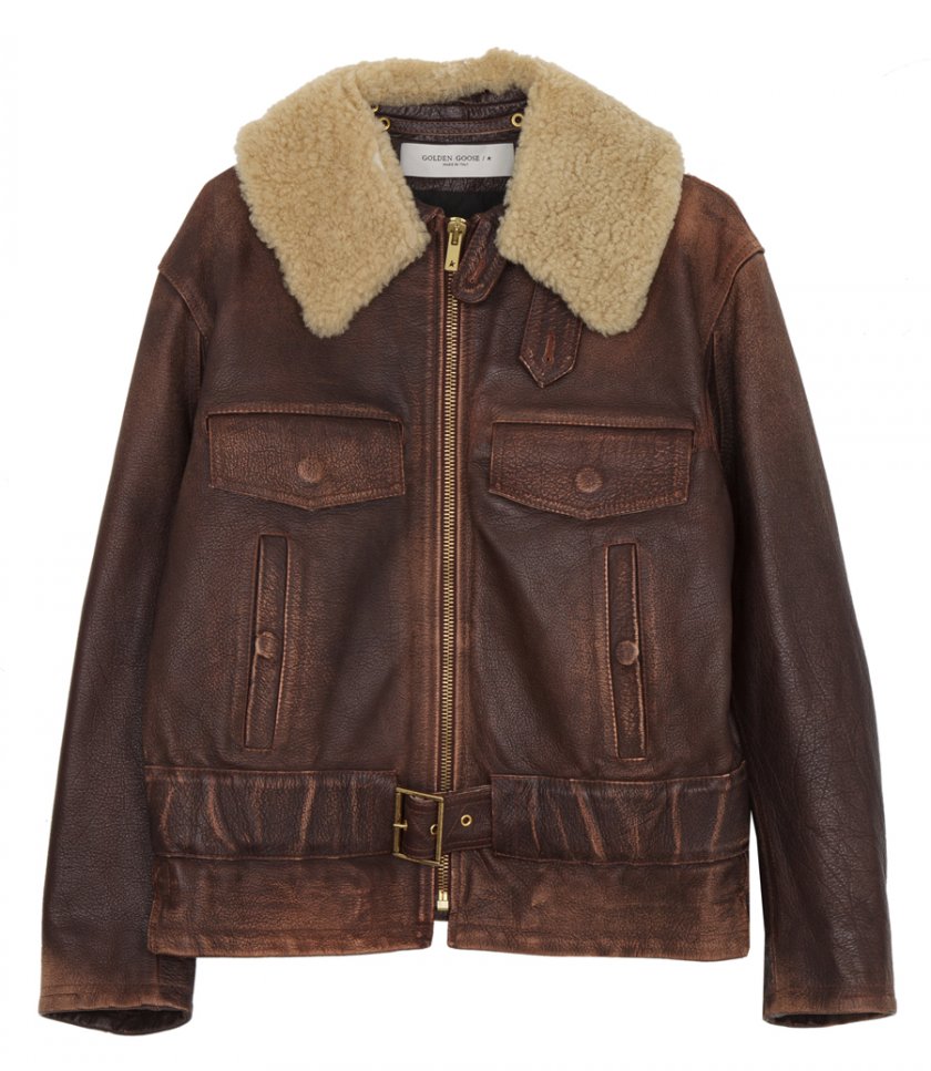 JUST IN - WOOD-COLORED JACKET WITH DETACHABLE SHEARLING COLLAR
