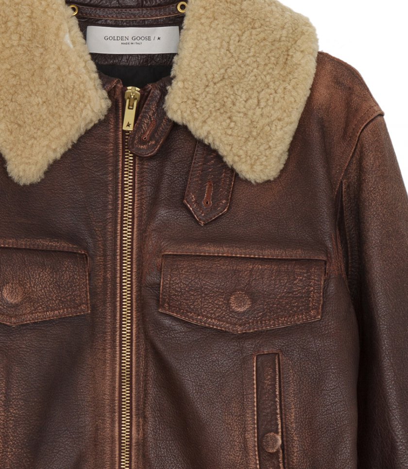WOOD-COLORED JACKET WITH DETACHABLE SHEARLING COLLAR
