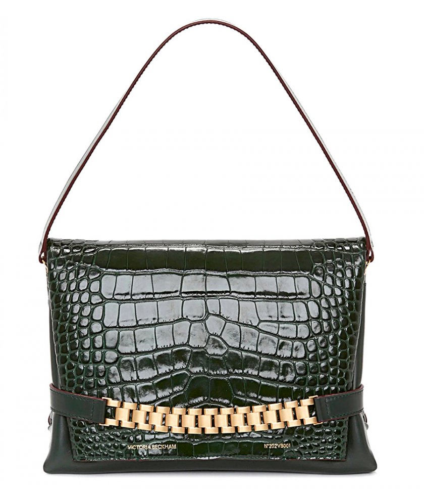 BAGS - CHAIN POUCH WITH STRAP IN DARK FOREST CROC-EFFECT