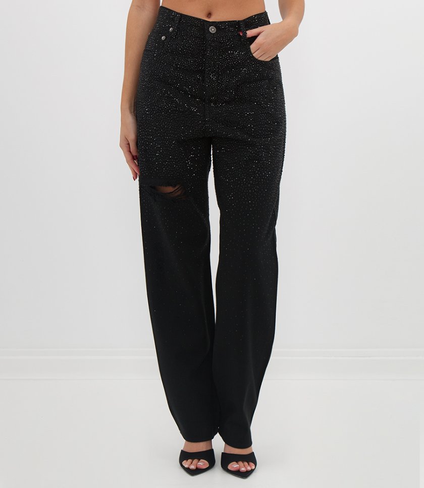 WOMEN’S COTTON DENIM PANTS WITH SHADED-EFFECT CRYSTAL DECORATION