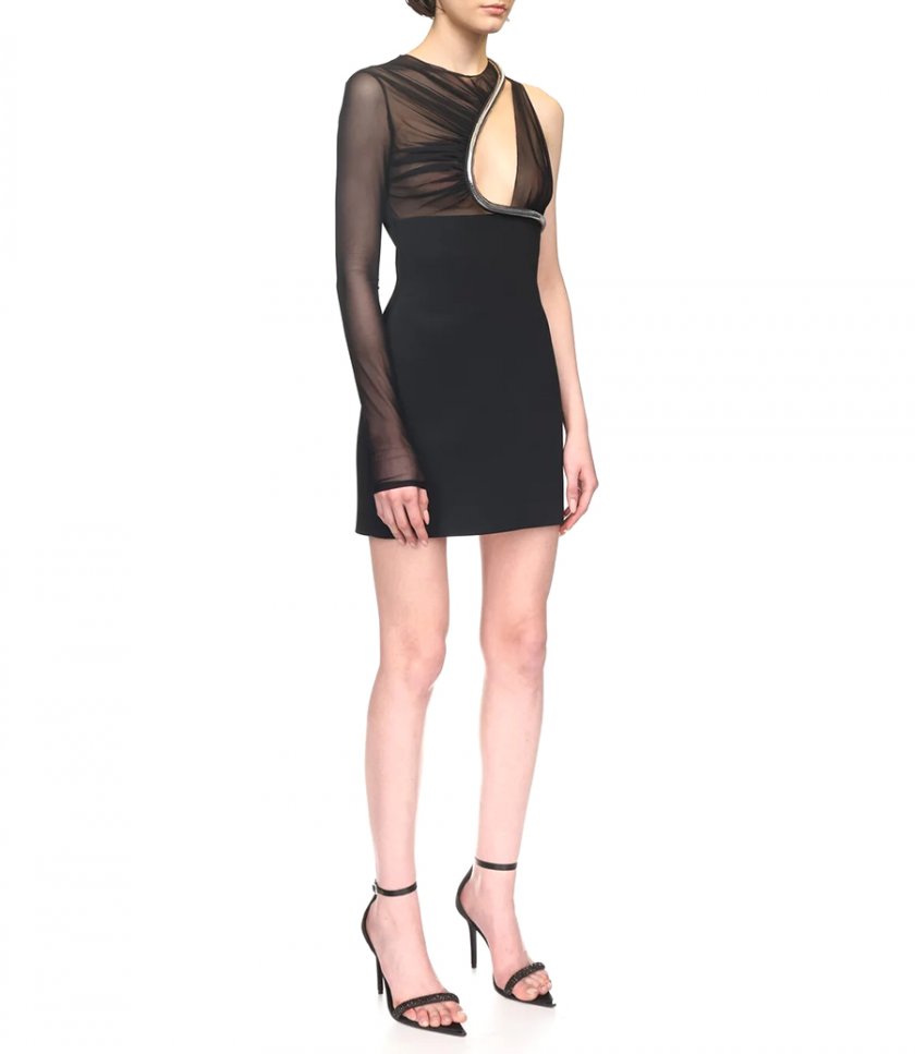 METALLIC TUBE TRIM ASYMMETRIC MINI DRESS