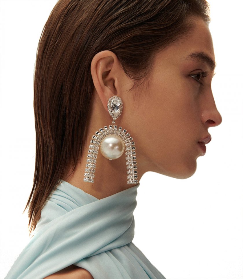 CRYSTAL MESH TUBE PEARL EARRINGS