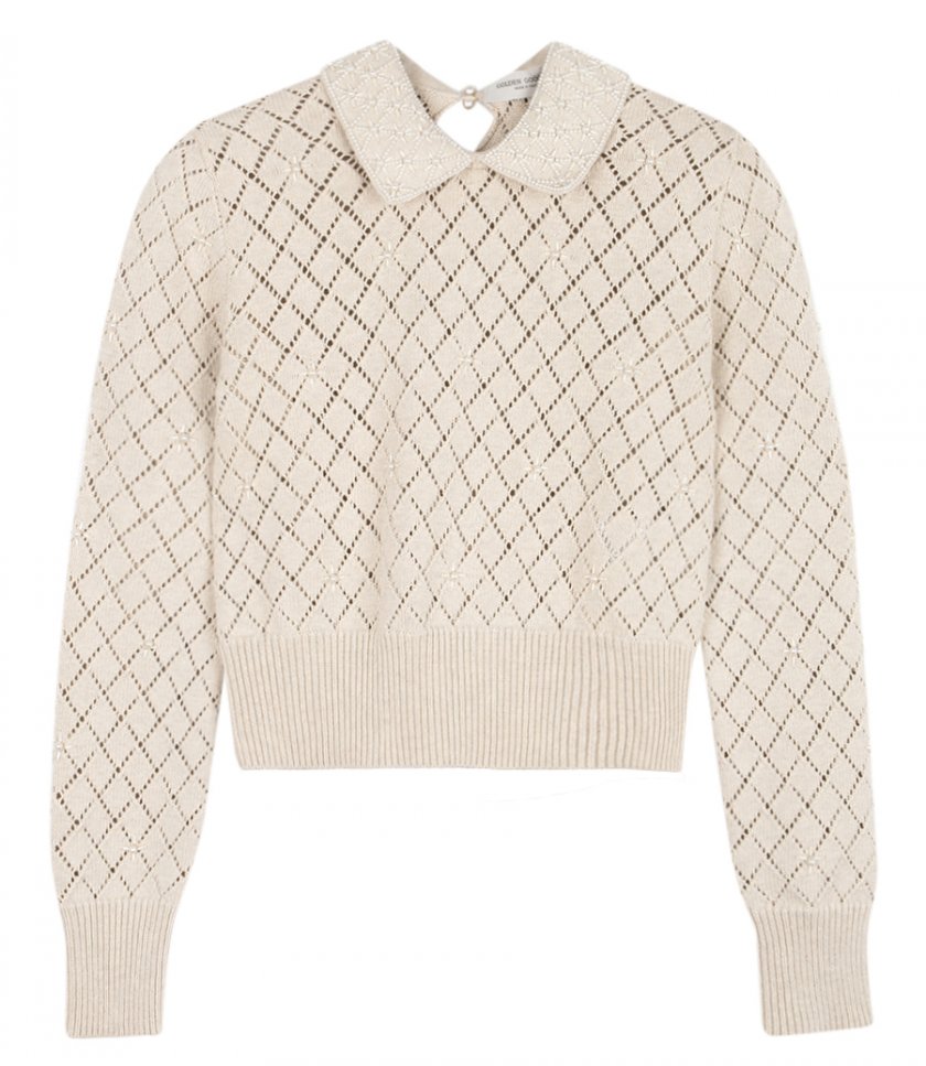 PANAMA-COLORED OPENWORK COTTON CROPPED SWEATER