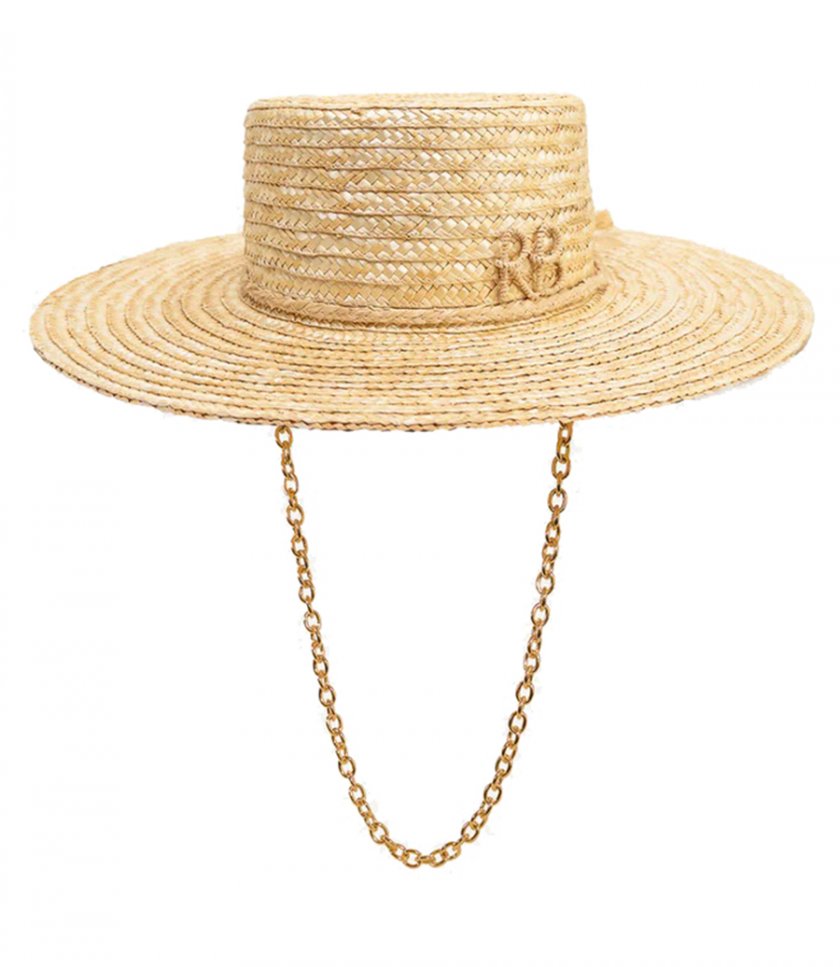 MONOGRAM EMBROIDERED CHAIN STRAP BOATER HAT
