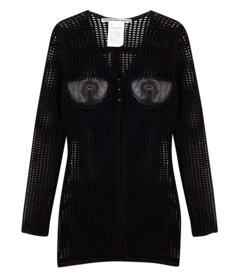 SALES - MAXI CARDIGAN IN HAND-CROCHET & CRACKLE PATENT LEATHER