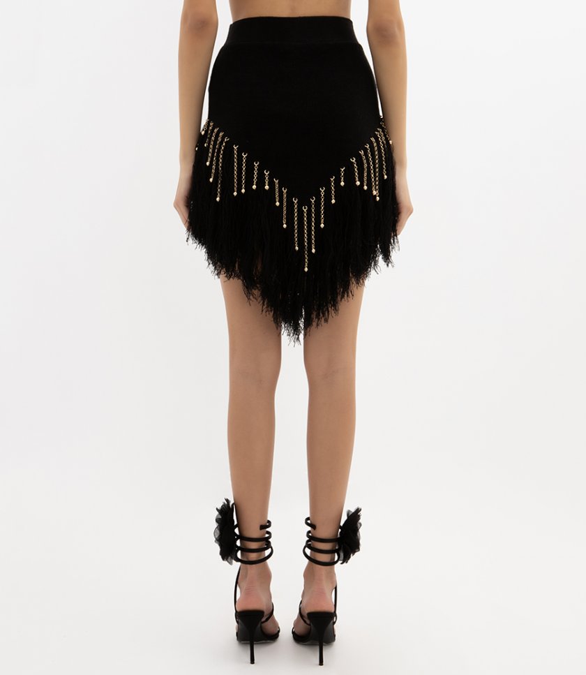 WOVEN SKIRT WITH KNITTED BEADS AND FEATHERS