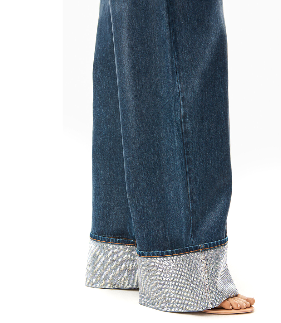 CRYSTAL CUFF JUMPSUIT IN COATED DENIM