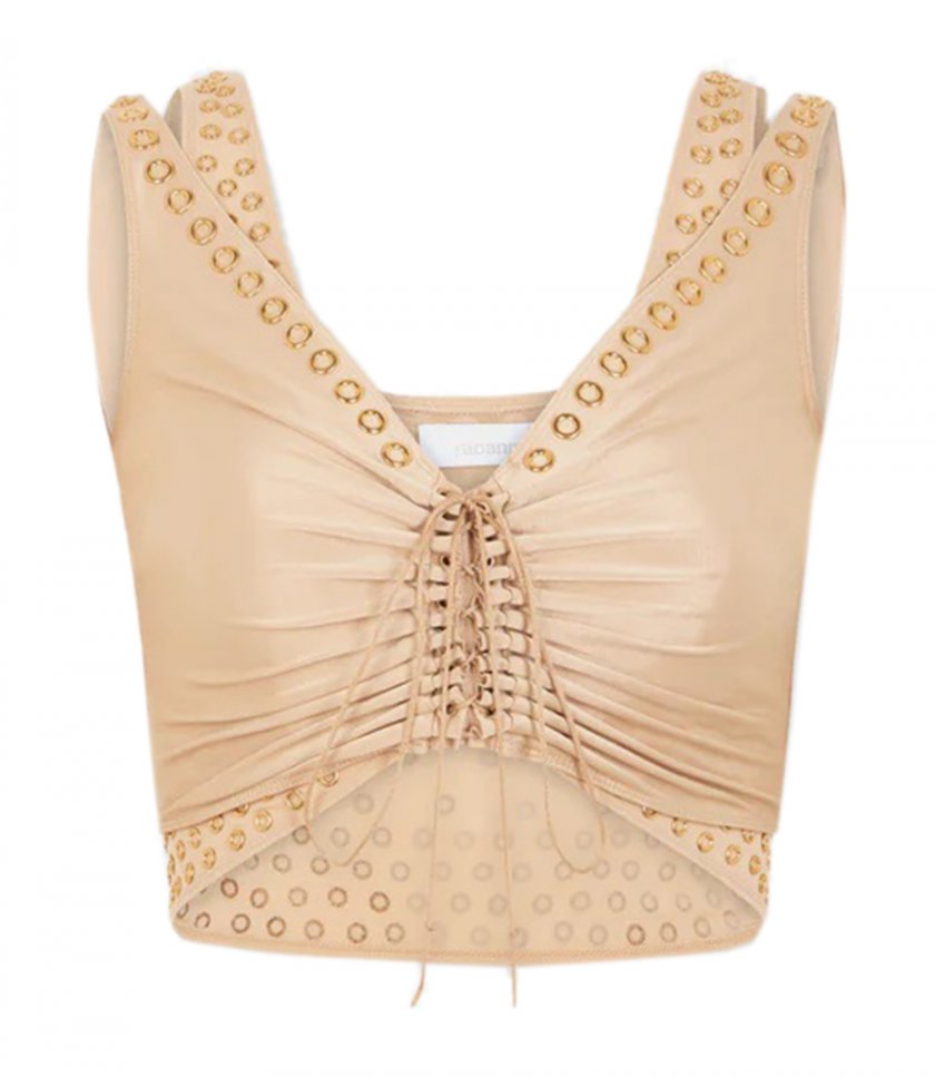 SALES - RAFFIA COLORED CROP TOP WITH EMBROIDERED METALLIC EYELETS