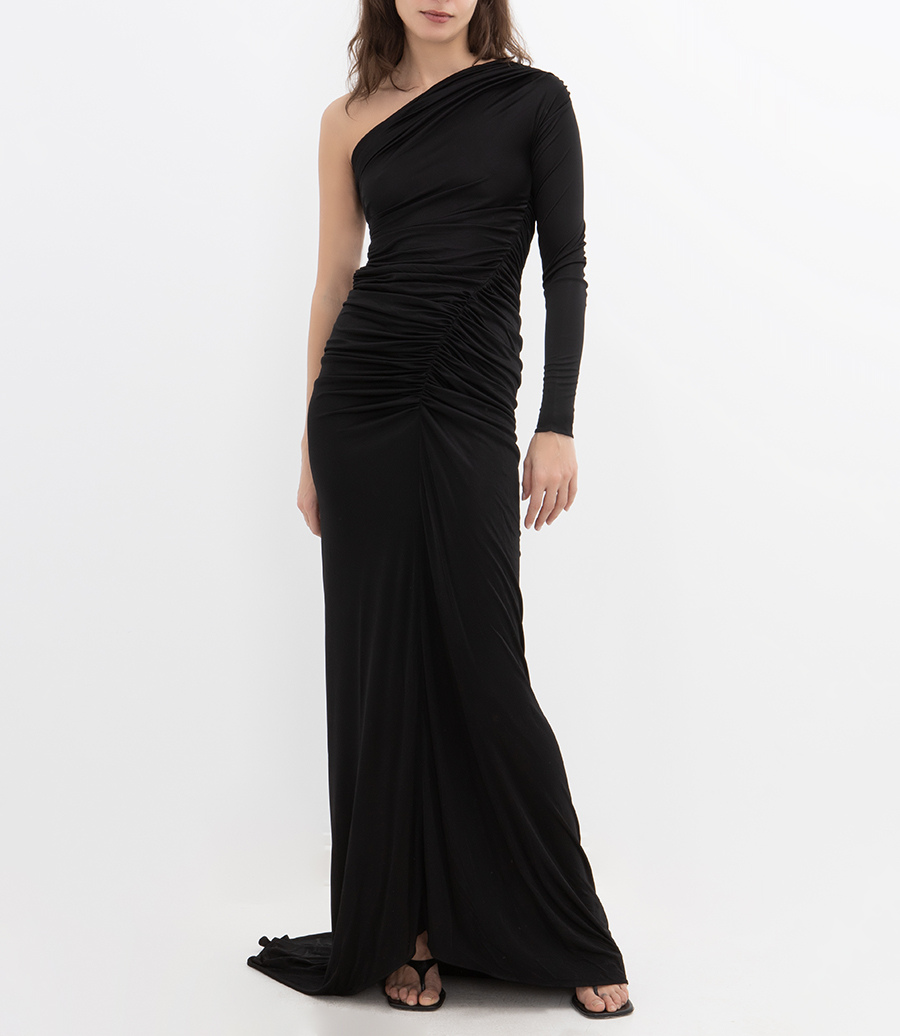 ONE SLEEVE RUCHED GOWN DRESS