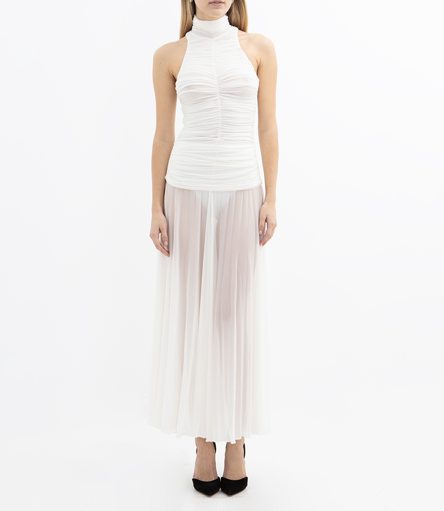 RUCHED HIGH NECK MIDI DRESS