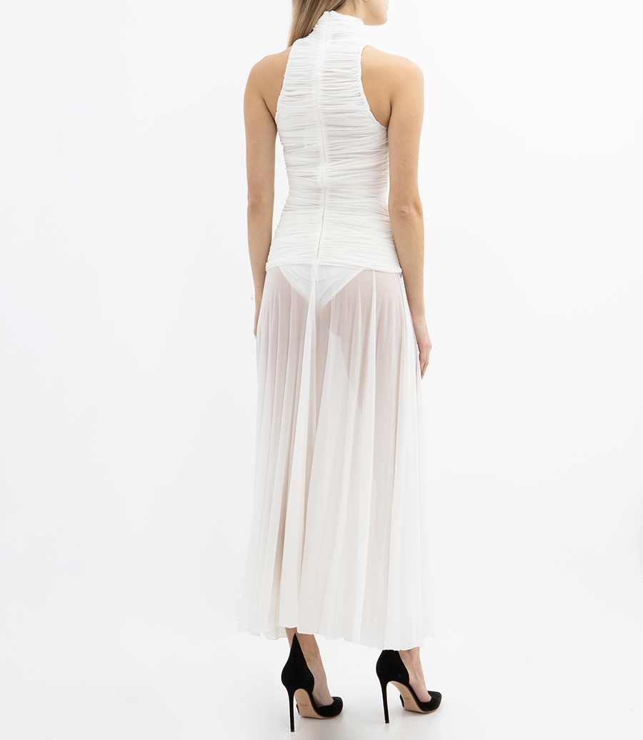 RUCHED HIGH NECK MIDI DRESS