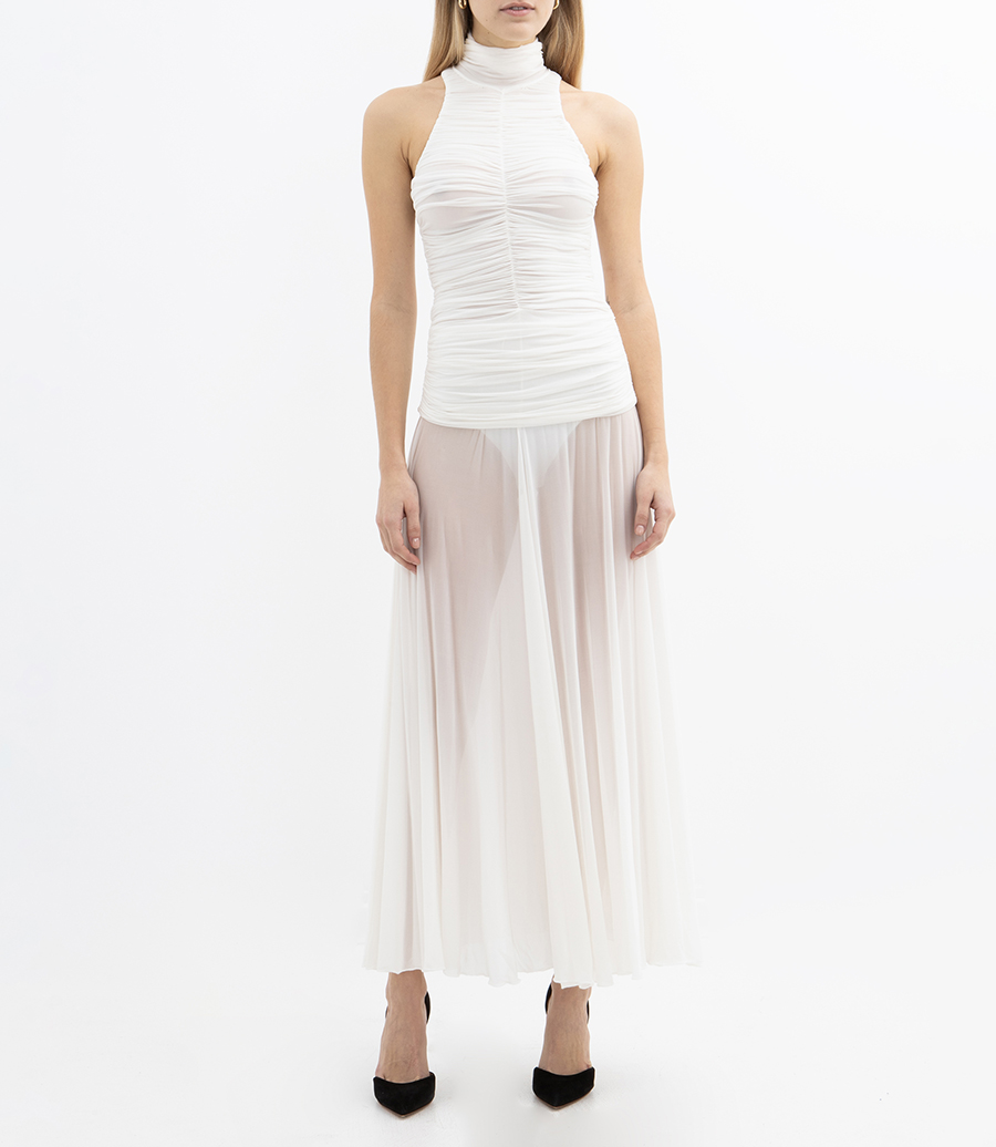 RUCHED HIGH NECK MIDI DRESS