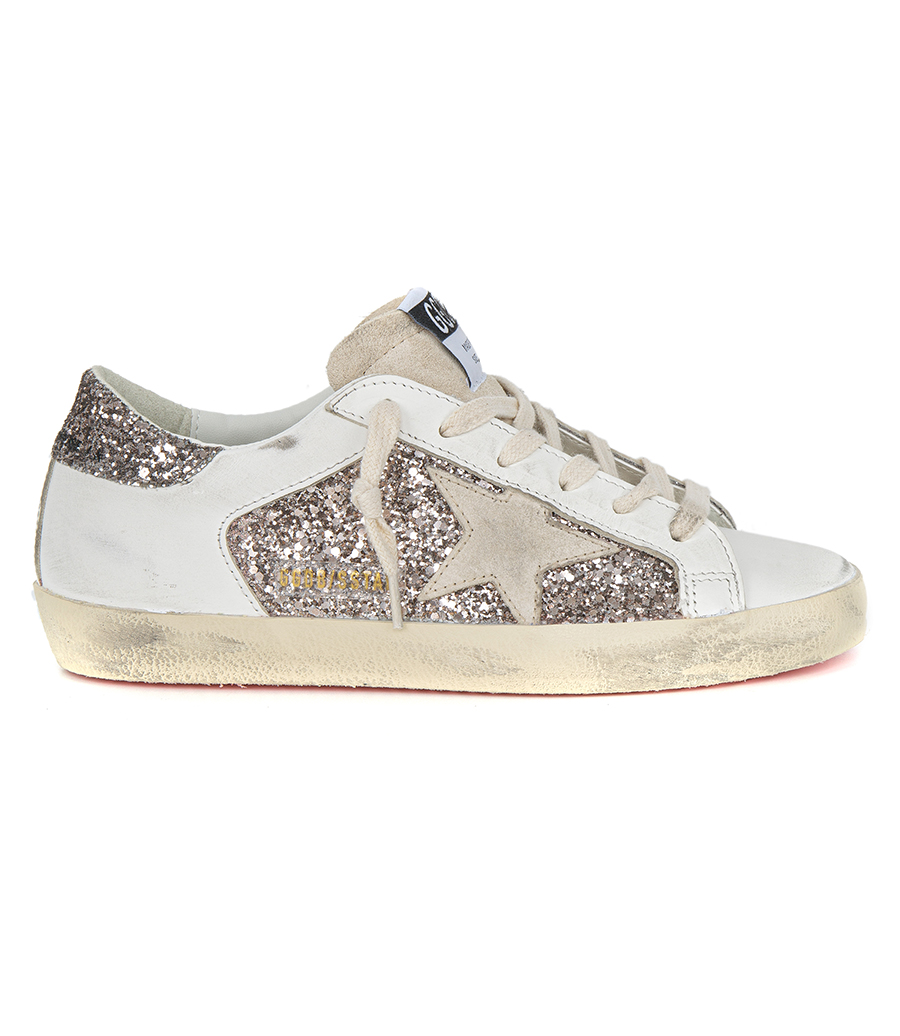 GOLDEN GOOSE  - SEEDPEARL GLITTER AND LEATHER UPPER SUPER-STAR