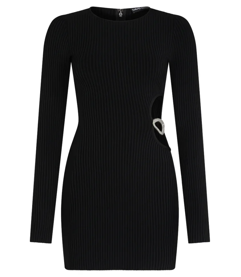SALES - SIDE CUT OUT CRYUSTAL BUCKLE EMB LONG SLV DRESS