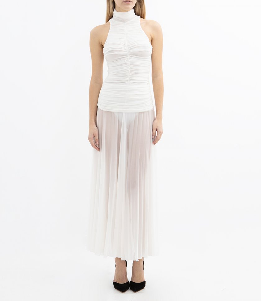 RUCHED HIGH NECK MIDI DRESS