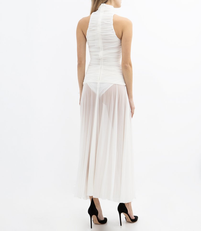 RUCHED HIGH NECK MIDI DRESS
