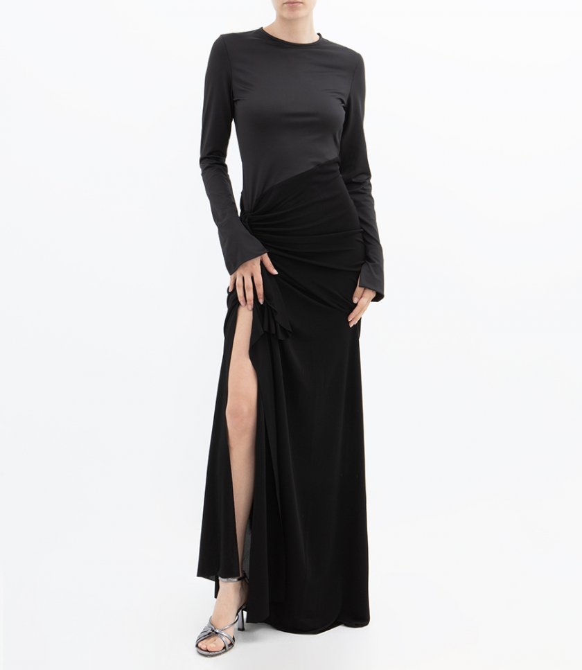 LONG SLEEVE RUCHED DETAIL GOWN