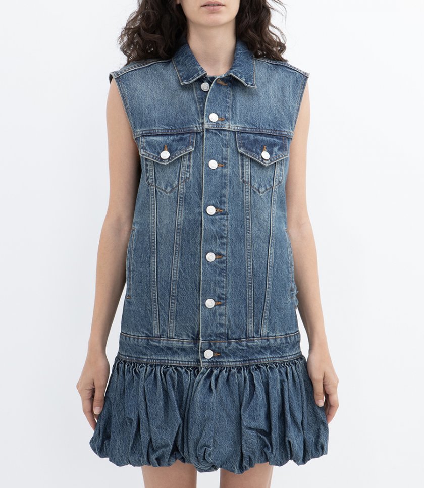 GATHERED HEM SLEEVELESS DENIM DRESS