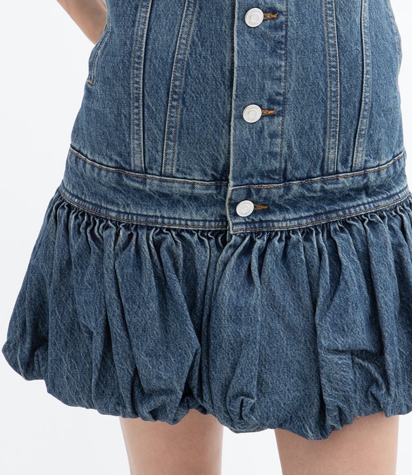 GATHERED HEM SLEEVELESS DENIM DRESS