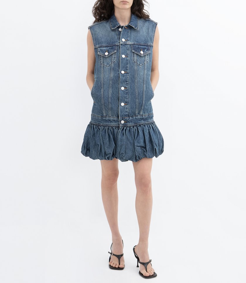 GATHERED HEM SLEEVELESS DENIM DRESS