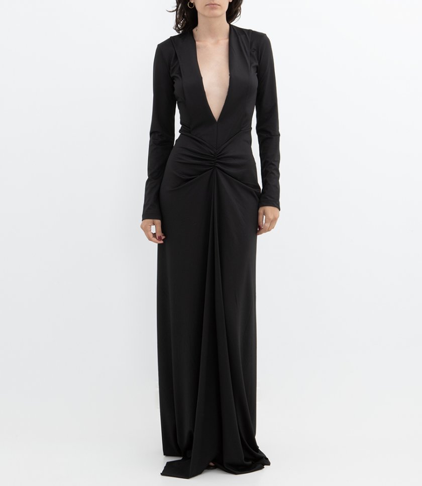 LONG SLEEVE DEEP V-NECK GOWN