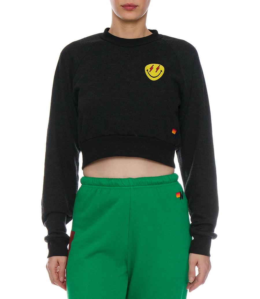 BOLT SMILEY EMBROIDERY CROPPED CREW SWEATSHIRT
