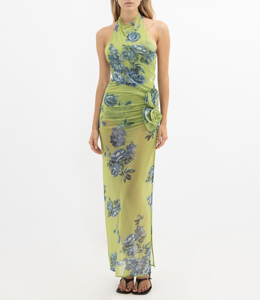 HIGH-NECK FLORAL APPLIQUE MIDI DRESS