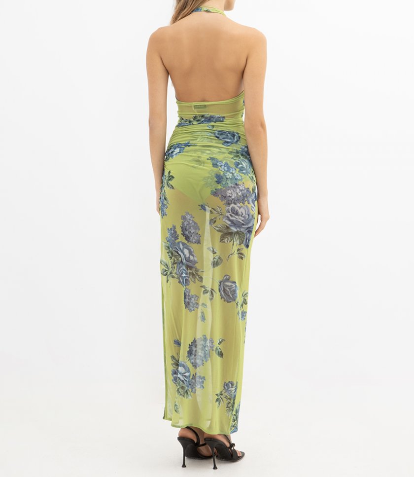 HIGH-NECK FLORAL APPLIQUE MIDI DRESS