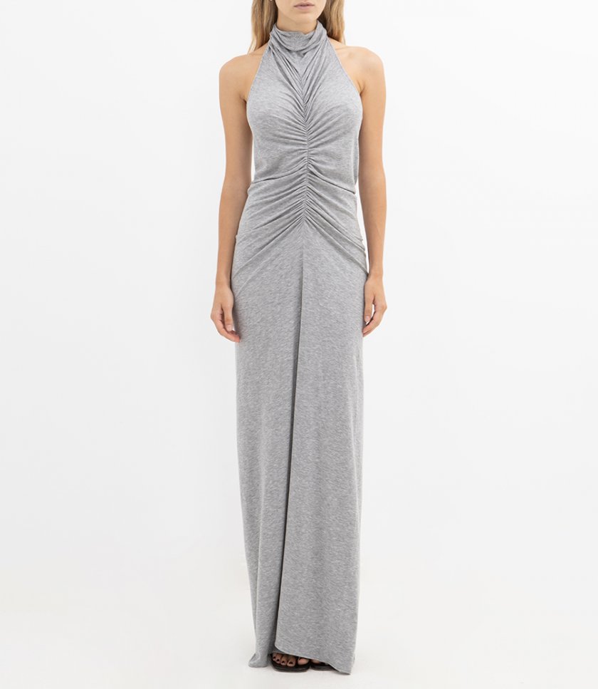 HALTER NECK FRONT RUCHED GOWN