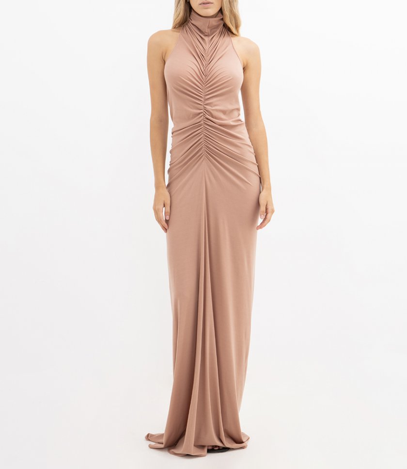 HALTER NECK FRONT RUCHED GOWN