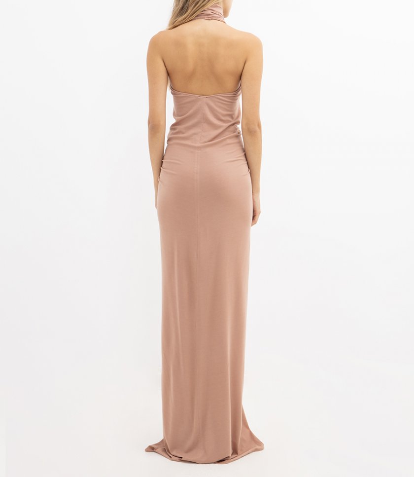 HALTER NECK FRONT RUCHED GOWN