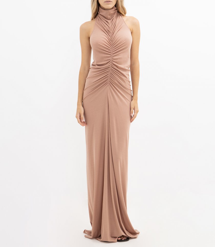 HALTER NECK FRONT RUCHED GOWN