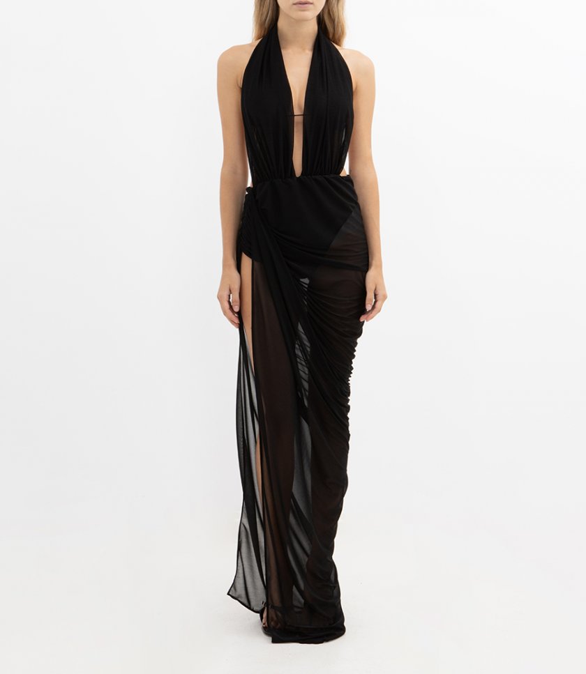 SHINY JERSEY OPEN DRAPED GOWN