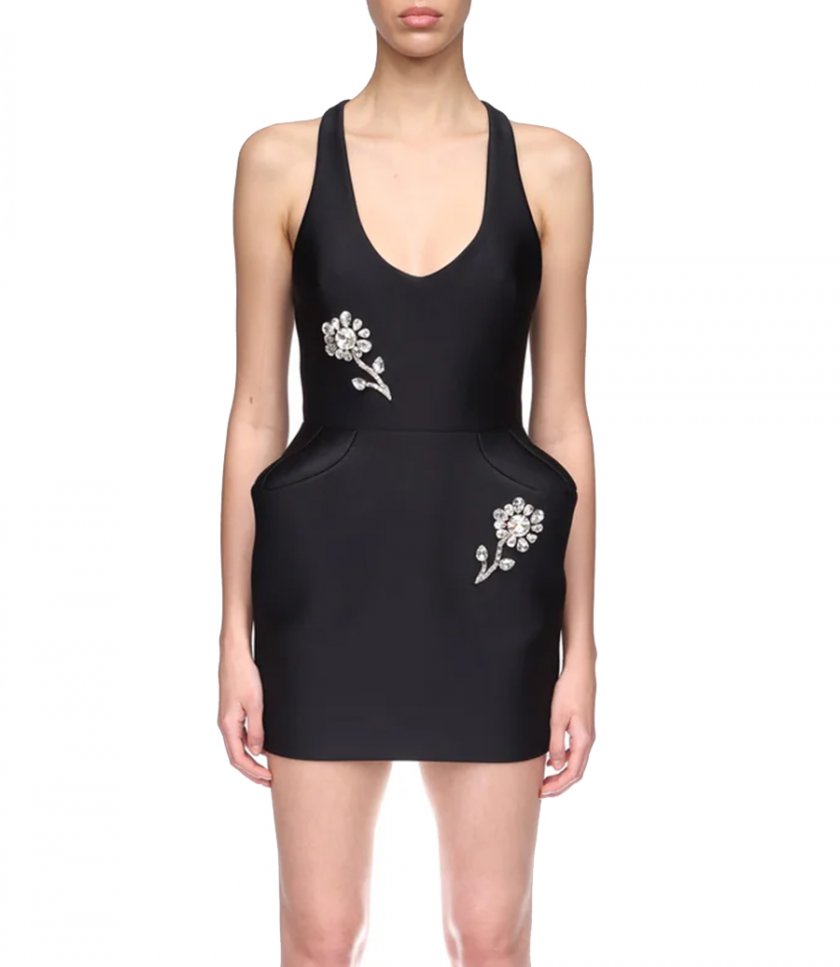 CRYSTAL BROOCH AND PADDED HIP MINI DRESS