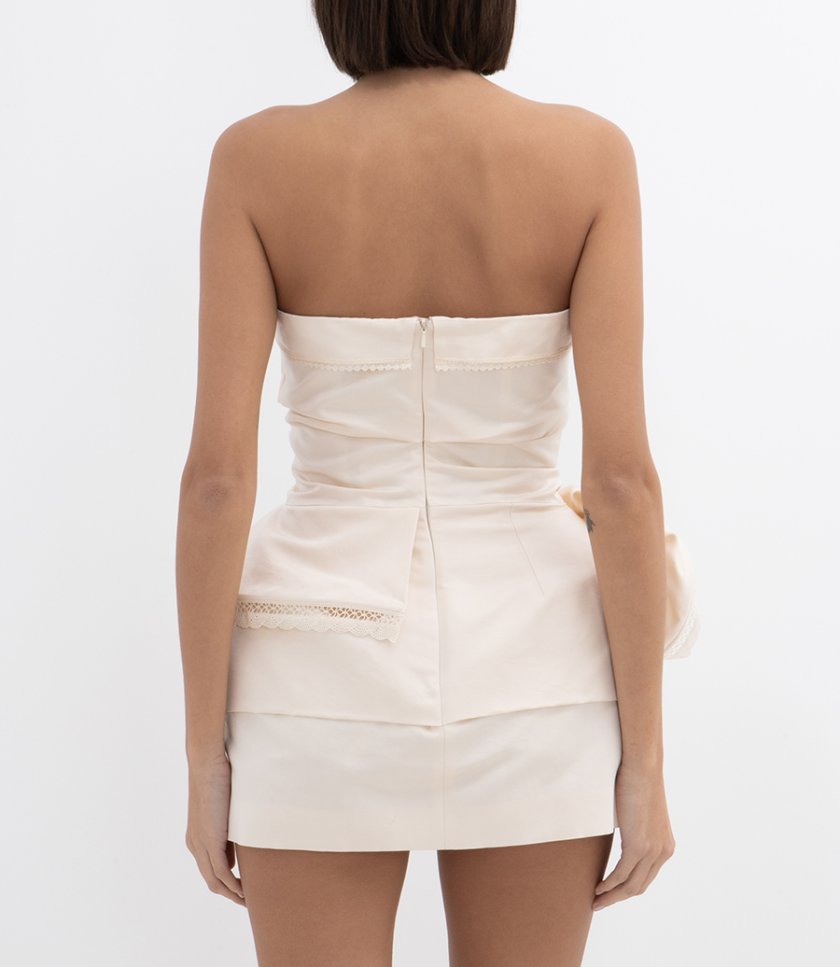 LACE TRIMMED PEPLUM STRAPLESS DRESS