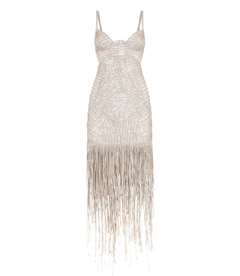 EMBELLISHED FRINGE MIDI DRESS