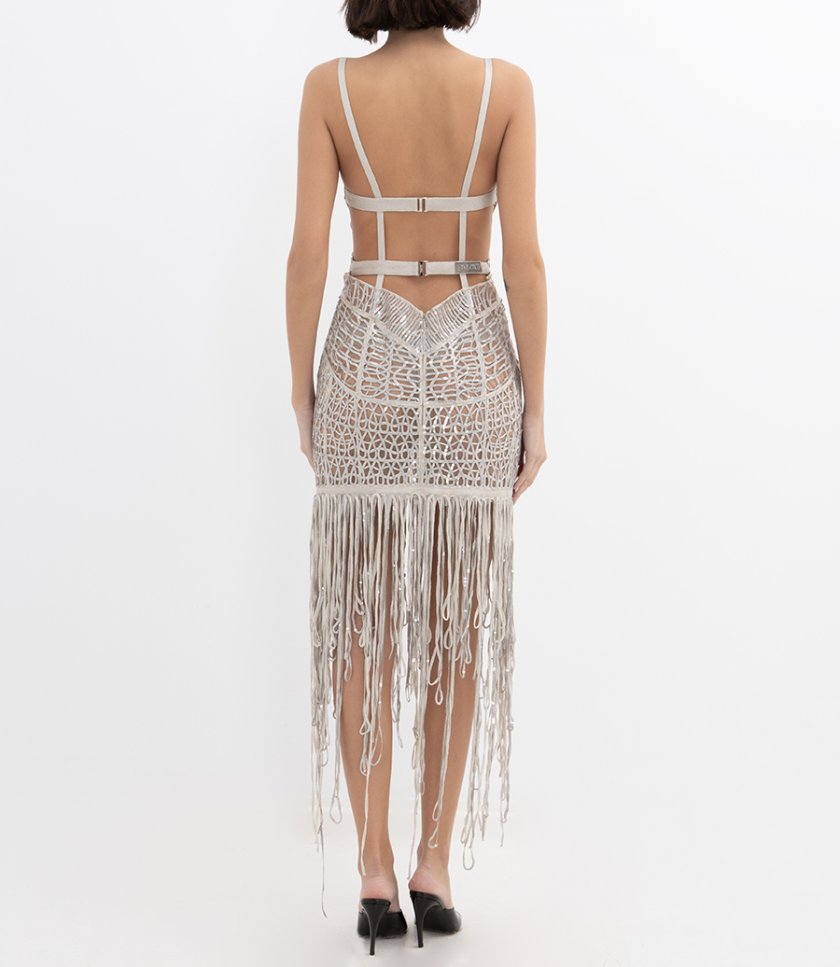 EMBELLISHED FRINGE MIDI DRESS