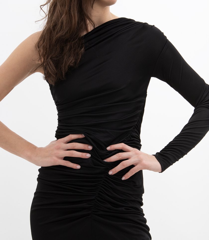 ONE SLEEVE RUCHED GOWN DRESS