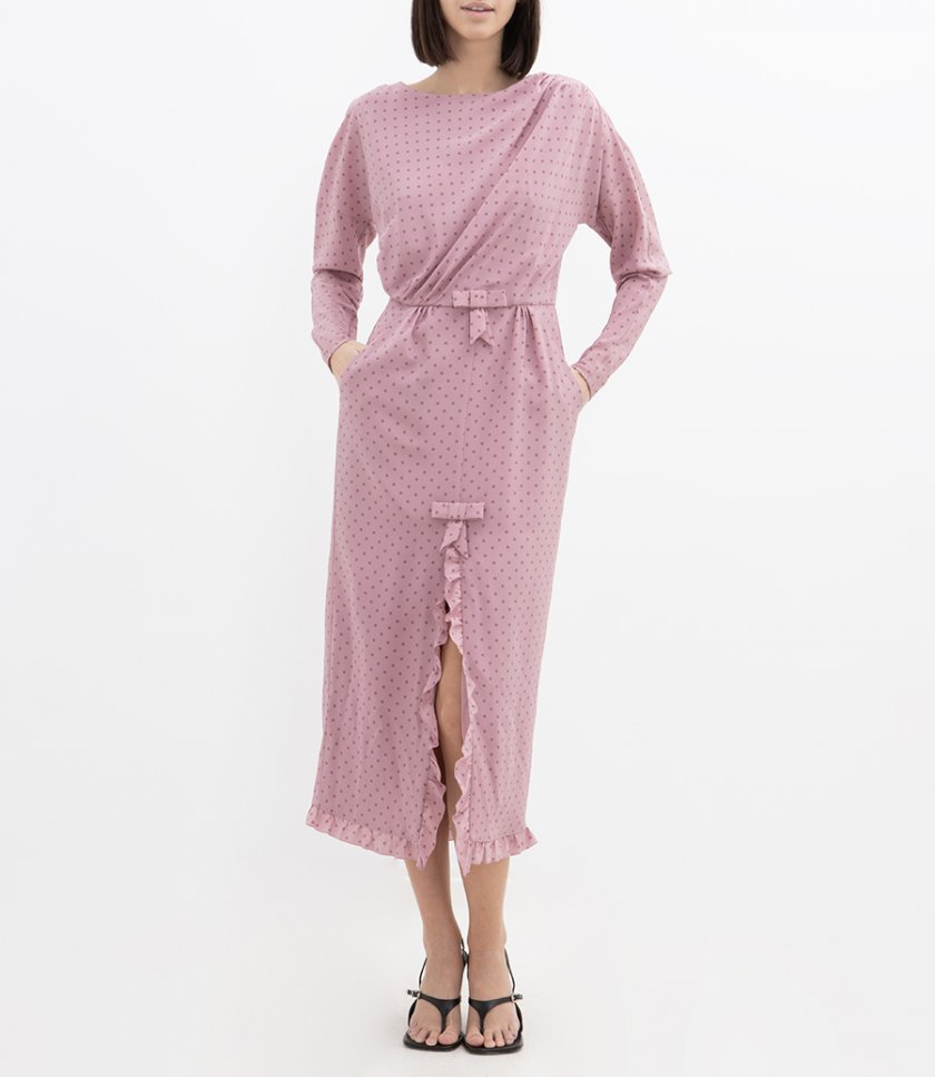 POLKA DOT PRINT DRAPED MIDI DRESS