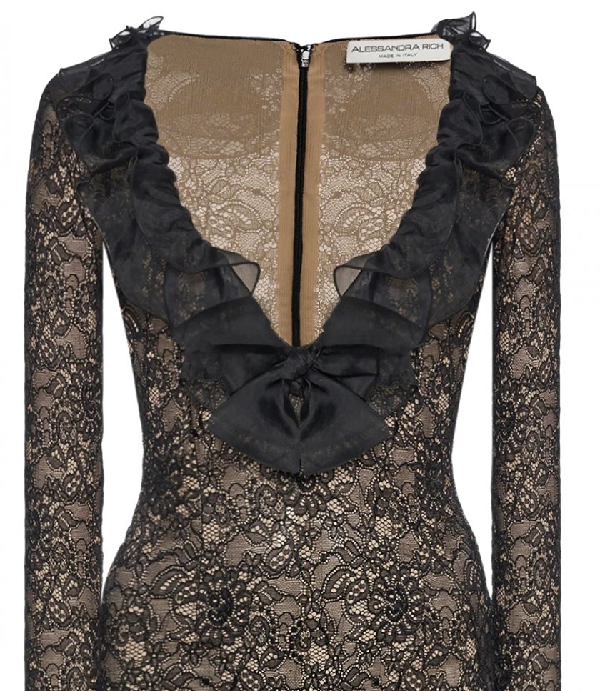 STRETCH LACE DRESS WITH ORGANZA RUFFLES