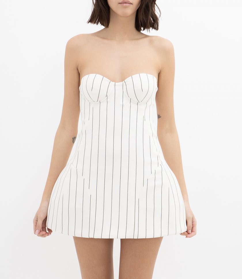 STRAPLESS PINSTRIPE SHORT DRESS