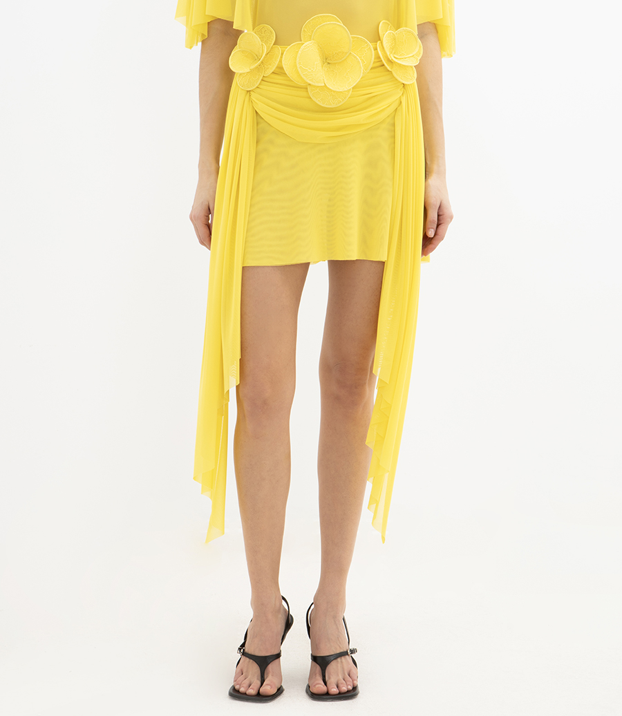 FLOWER EMBROIDERY DETAIL RUCHED MINI SKIRT
