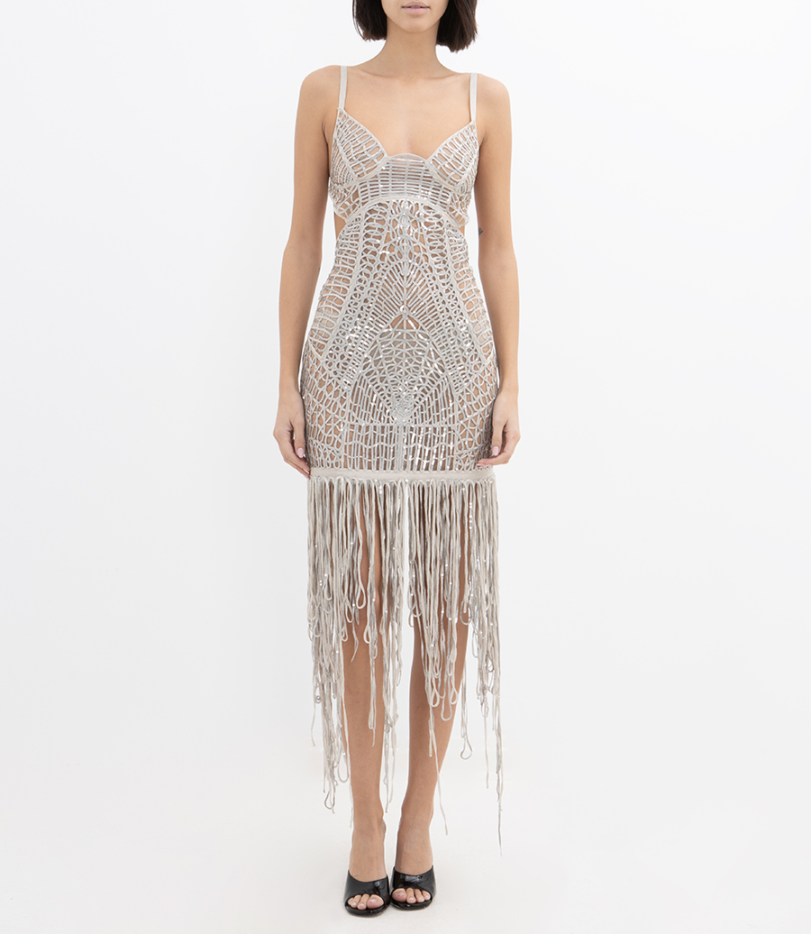 EMBELLISHED FRINGE MIDI DRESS