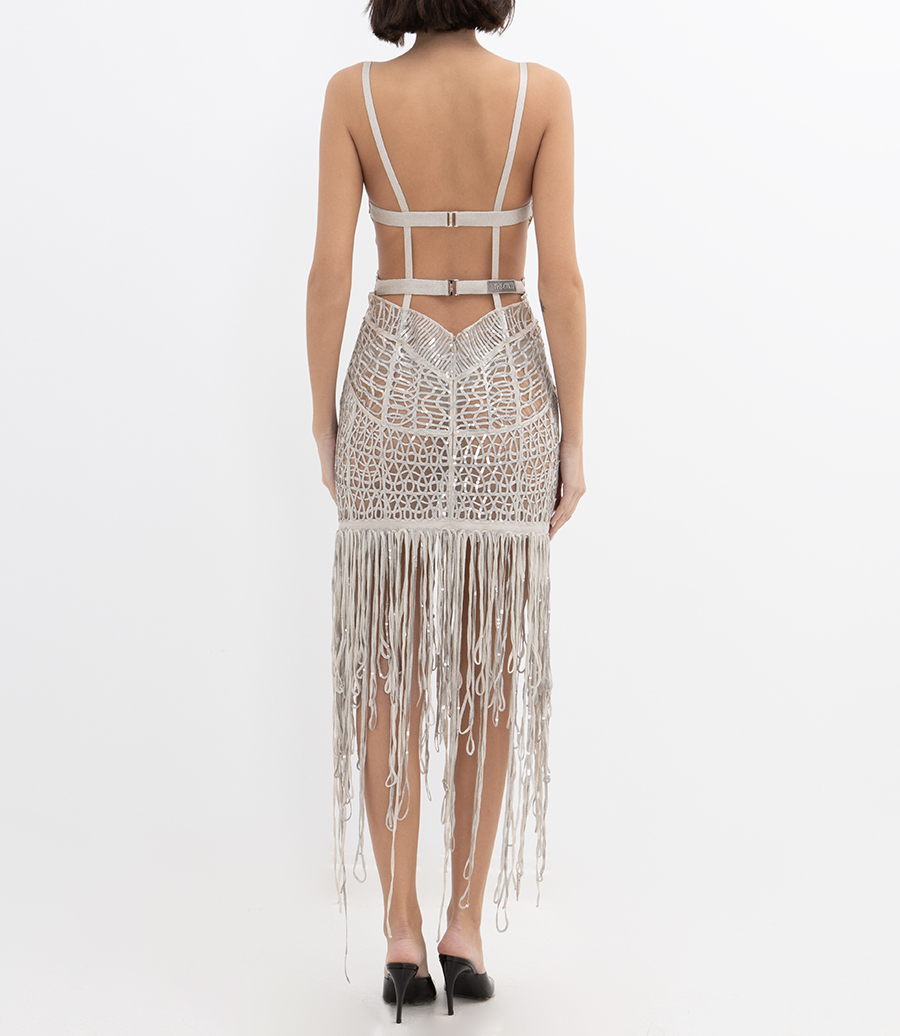 EMBELLISHED FRINGE MIDI DRESS