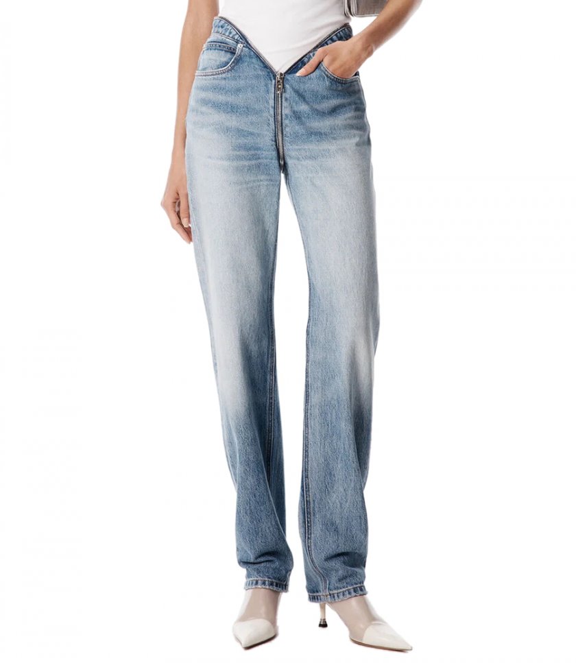 DIPPED V ZIP WAISTBAND STRAIGHT LEG JEAN